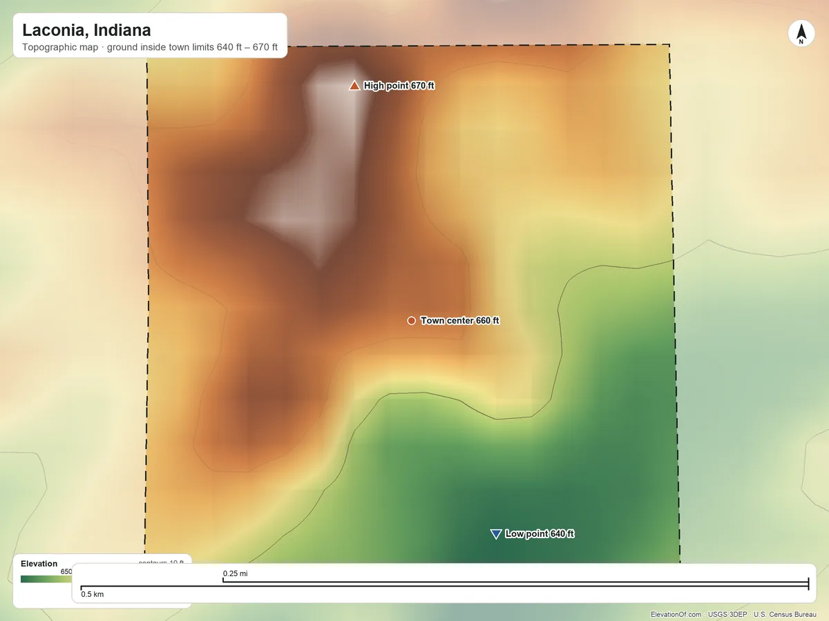 Topographic elevation map of Laconia, Indiana, shaded from 640 ft on the south side to 670 ft on the north side