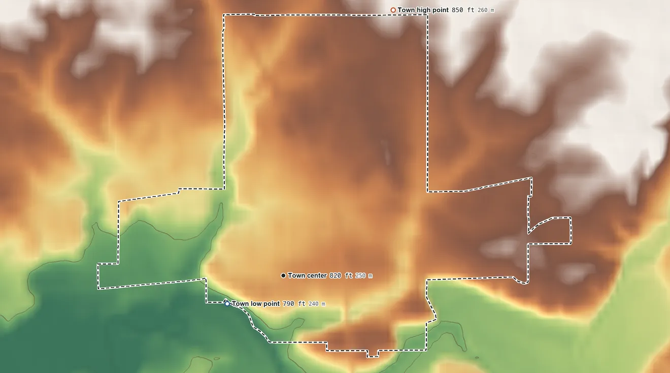 Topographic elevation map of Ladoga, Indiana, shaded from 790 ft on the southwest side to 850 ft on the north side