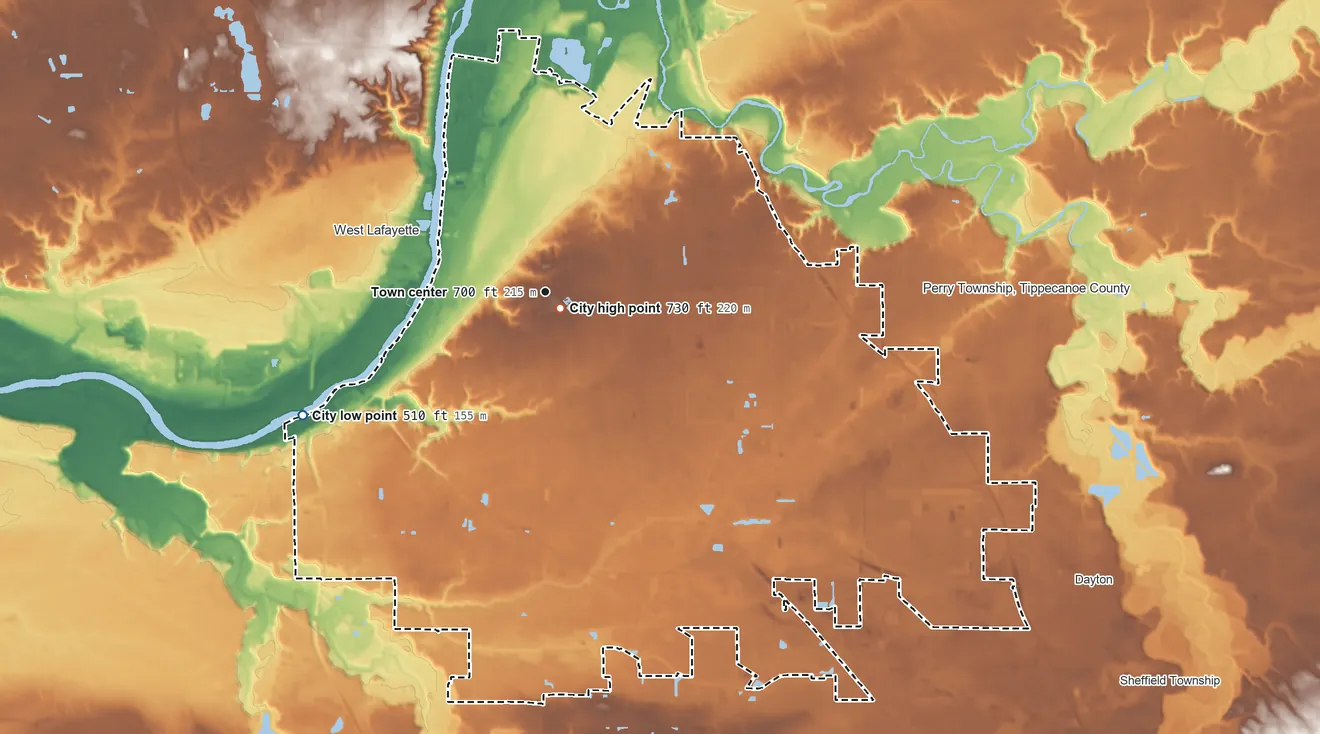 Topographic elevation map of Lafayette, Indiana, shaded from 510 ft on the southwest side to 730 ft near the middle