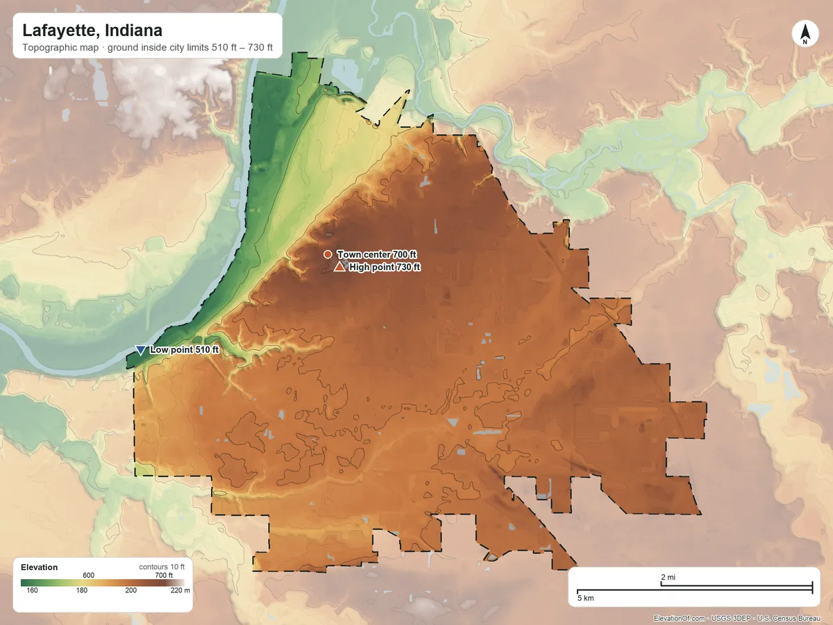 Topographic elevation map of Lafayette, Indiana, shaded from 510 ft on the southwest side to 730 ft near the middle