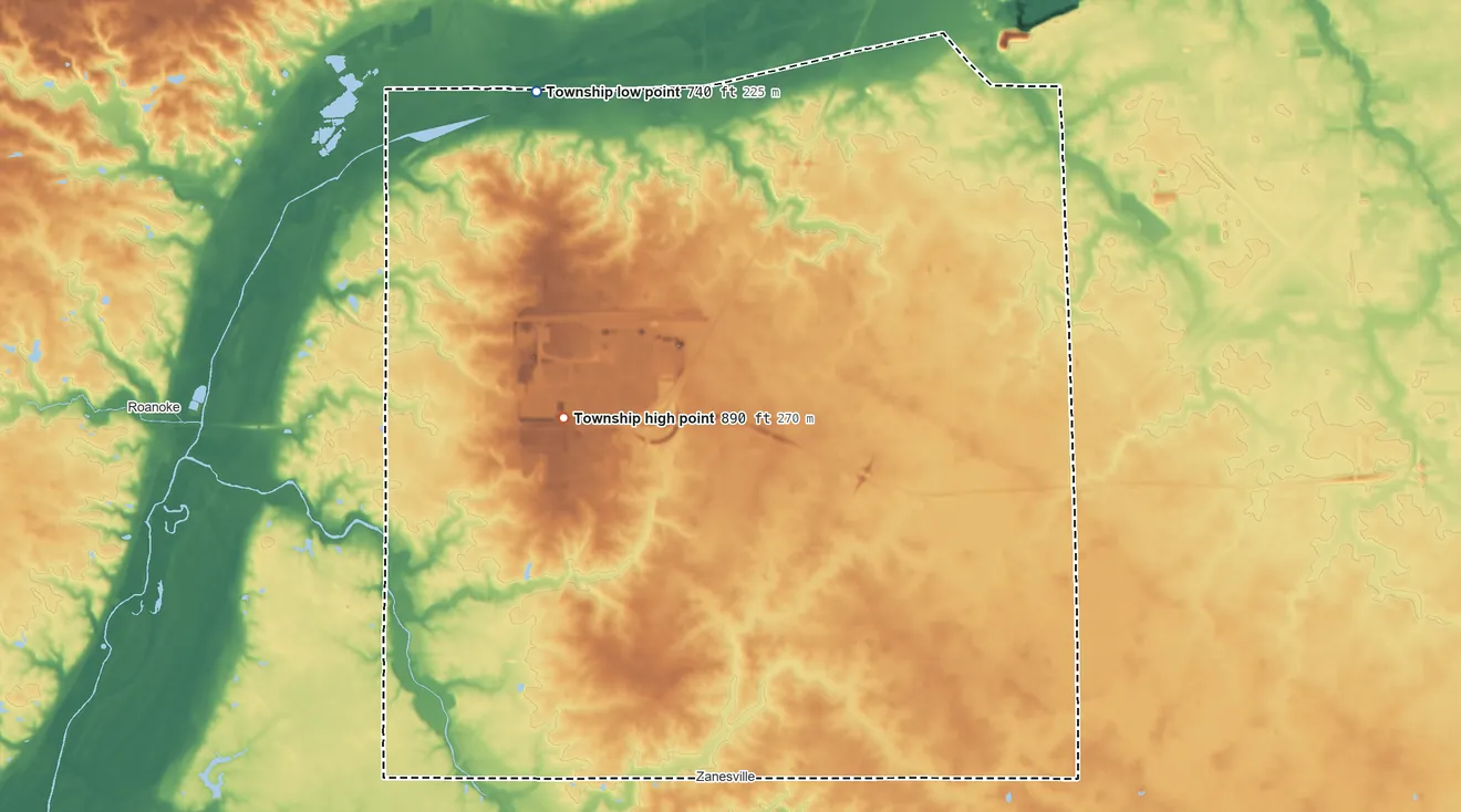 Topographic elevation map of Lafayette Township, Allen County, Indiana, shaded from 740 ft on the northwest side to 890 ft on the west side