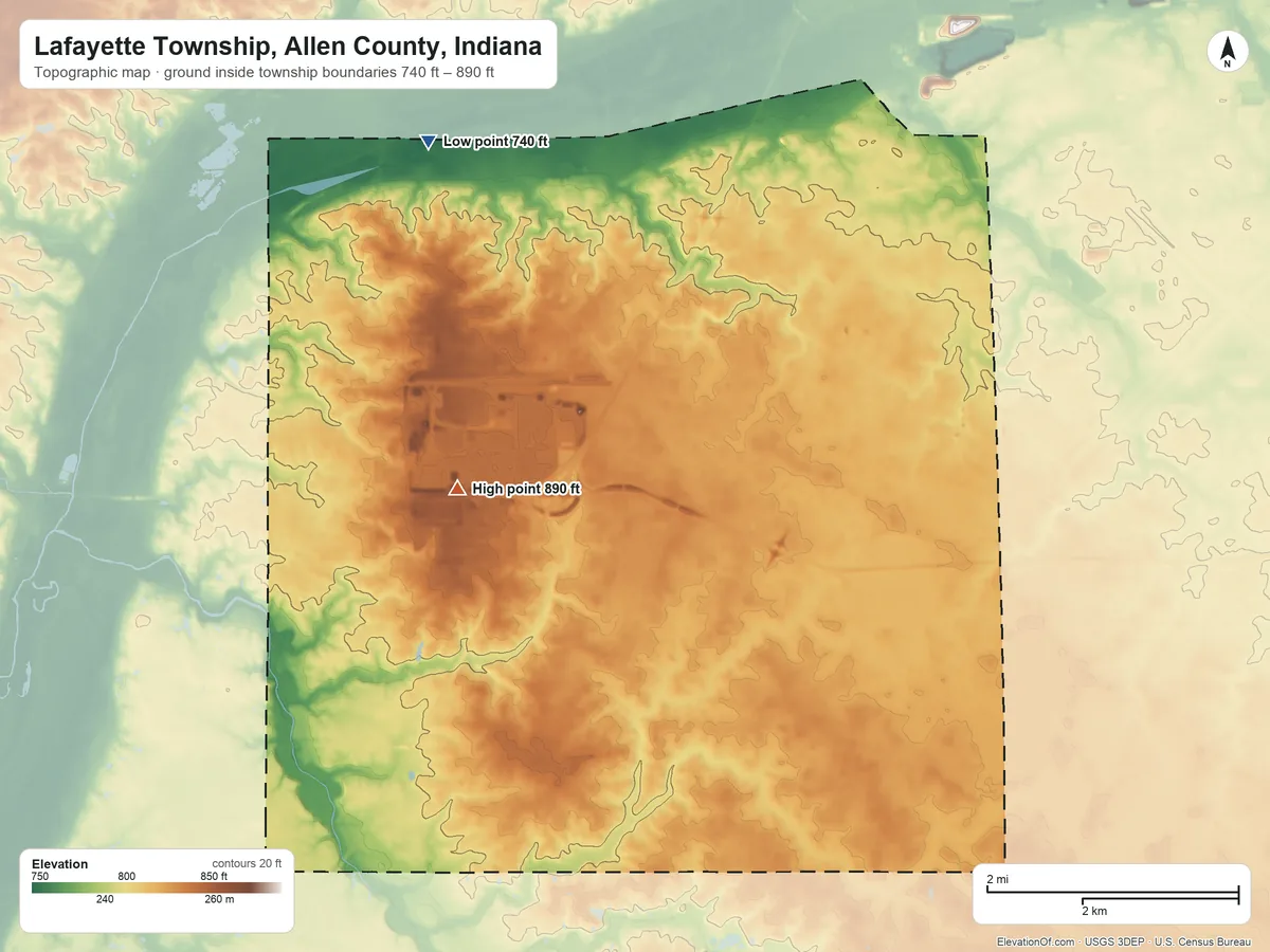 Topographic elevation map of Lafayette Township, Allen County, Indiana, shaded from 740 ft on the northwest side to 890 ft on the west side