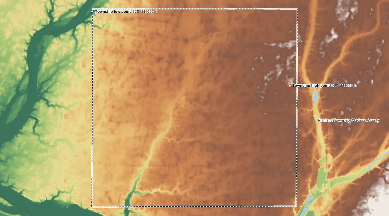 Topographic elevation map of Lafayette Township, Madison County, Indiana, shaded from 820 ft on the northwest side to 900 ft on the northeast side