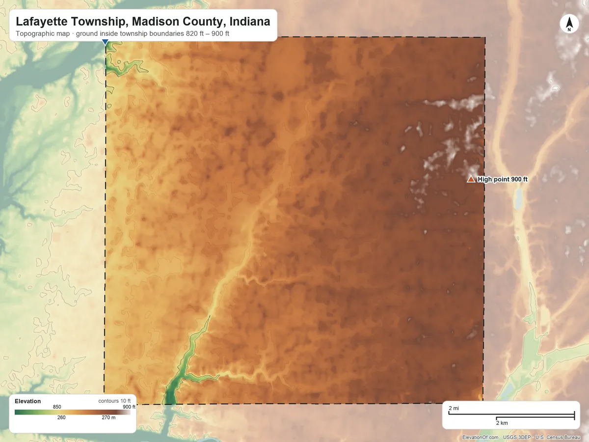 Topographic elevation map of Lafayette Township, Madison County, Indiana, shaded from 820 ft on the northwest side to 900 ft on the northeast side