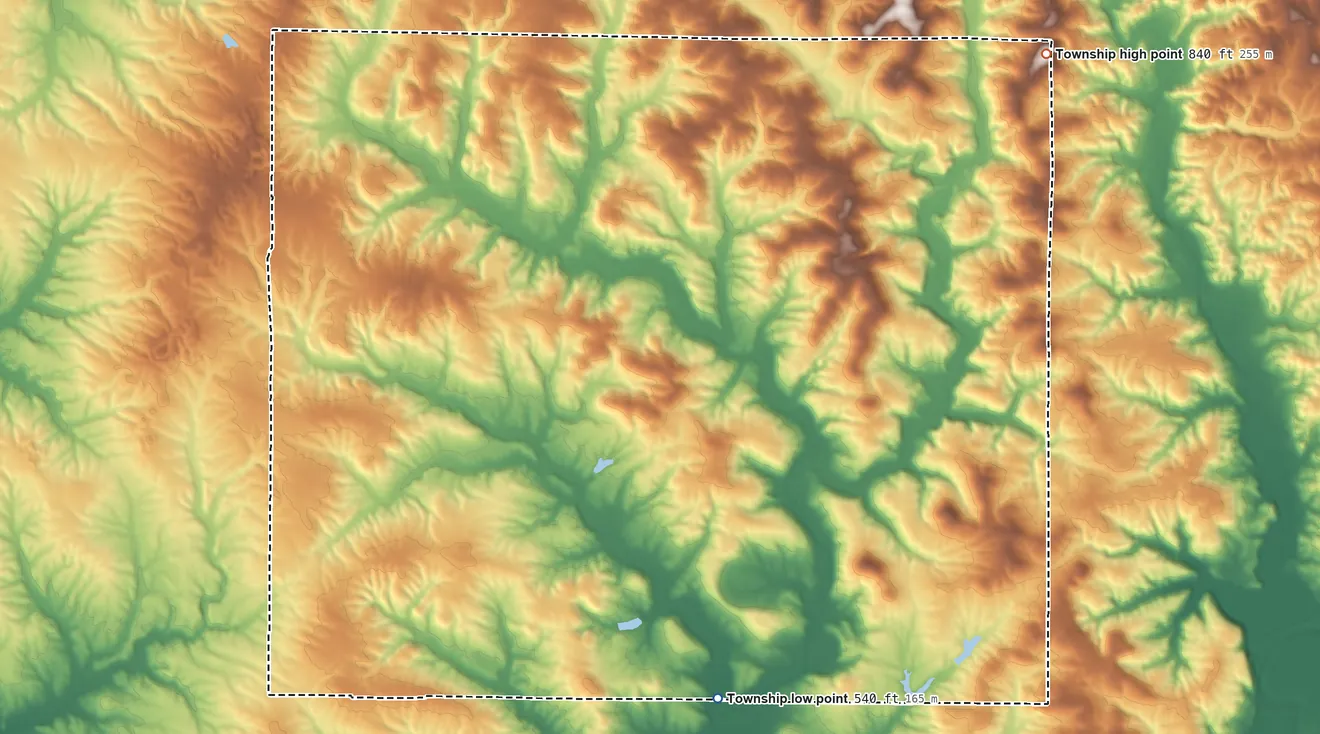 Topographic elevation map of Lafayette Township, Owen County, Indiana, shaded from 540 ft on the south side to 840 ft on the northeast side