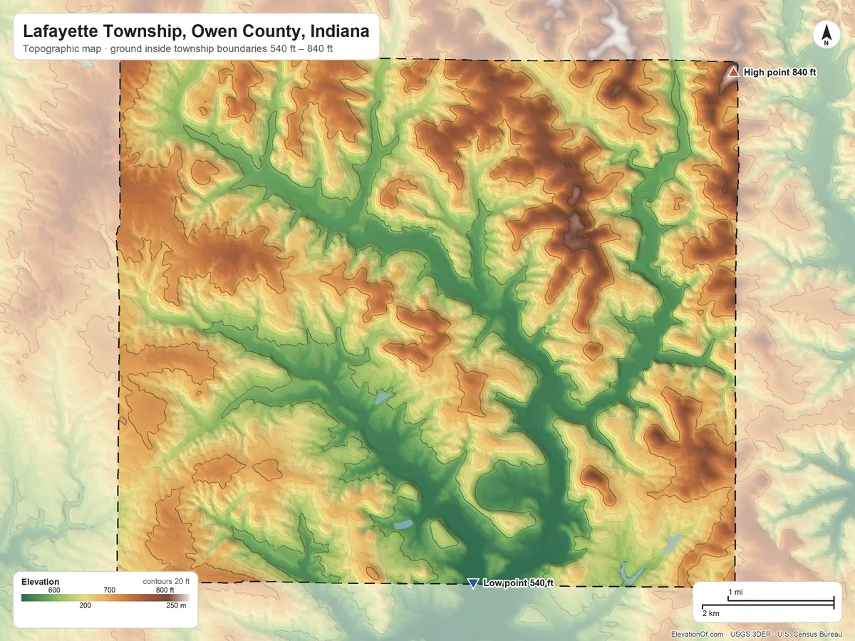 Topographic elevation map of Lafayette Township, Owen County, Indiana, shaded from 540 ft on the south side to 840 ft on the northeast side
