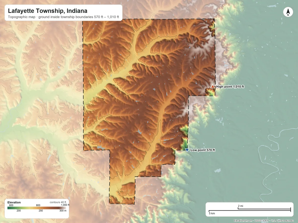 Topographic elevation map of Lafayette Township, Indiana, shaded from 570 ft on the southeast side to 1,010 ft on the northeast side