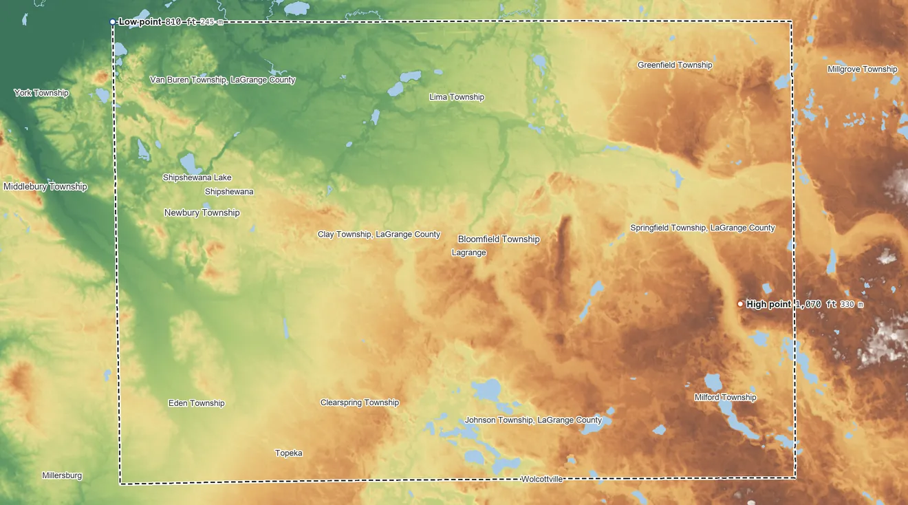 Topographic elevation map of LaGrange County, Indiana, shaded from 810 ft on the northwest side to 1,070 ft on the east side