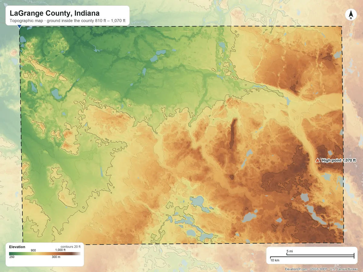 Topographic elevation map of LaGrange County, Indiana, shaded from 810 ft on the northwest side to 1,070 ft on the east side