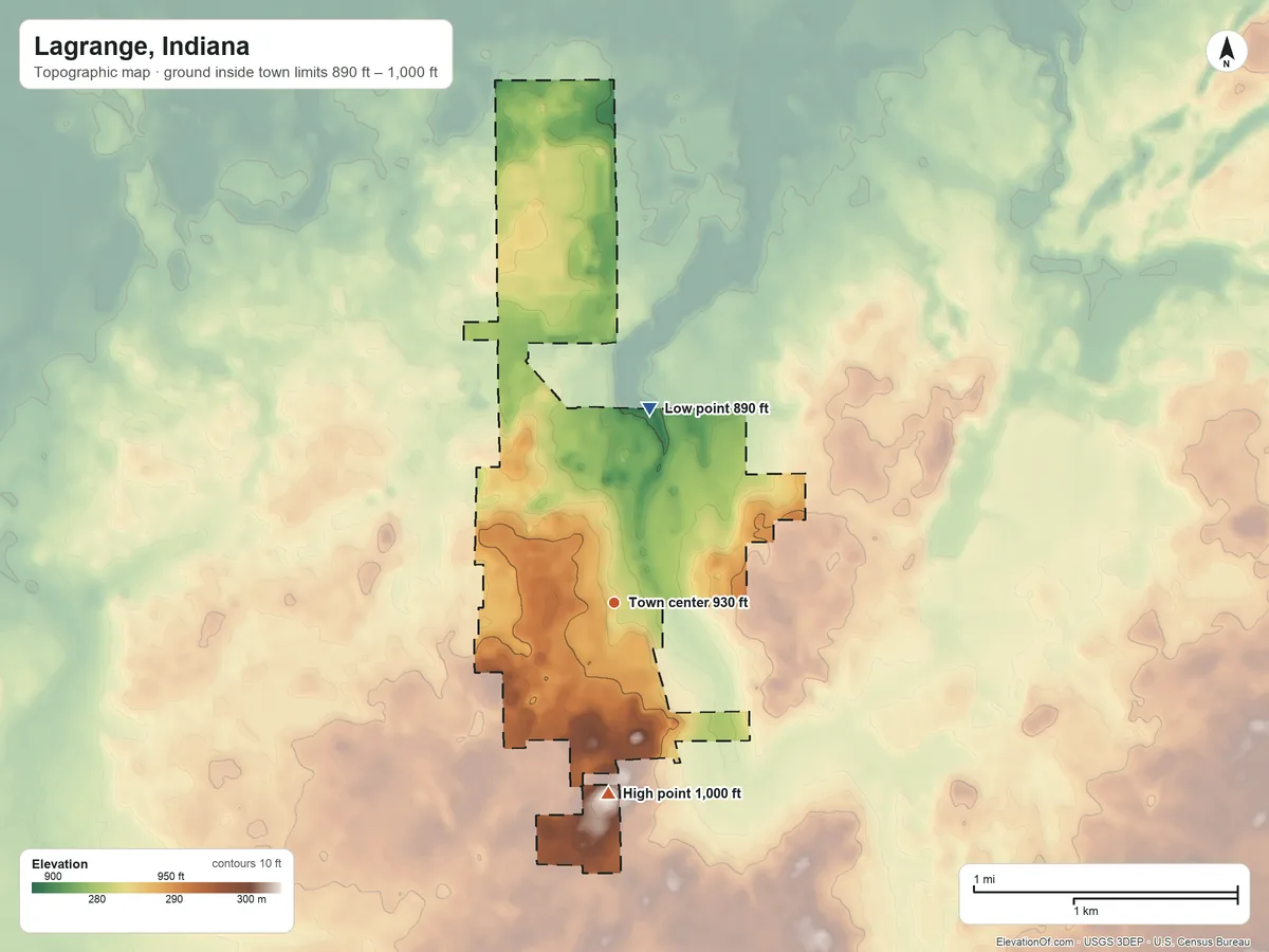 Topographic elevation map of Lagrange, Indiana, shaded from 890 ft on the north side to 1,000 ft on the south side