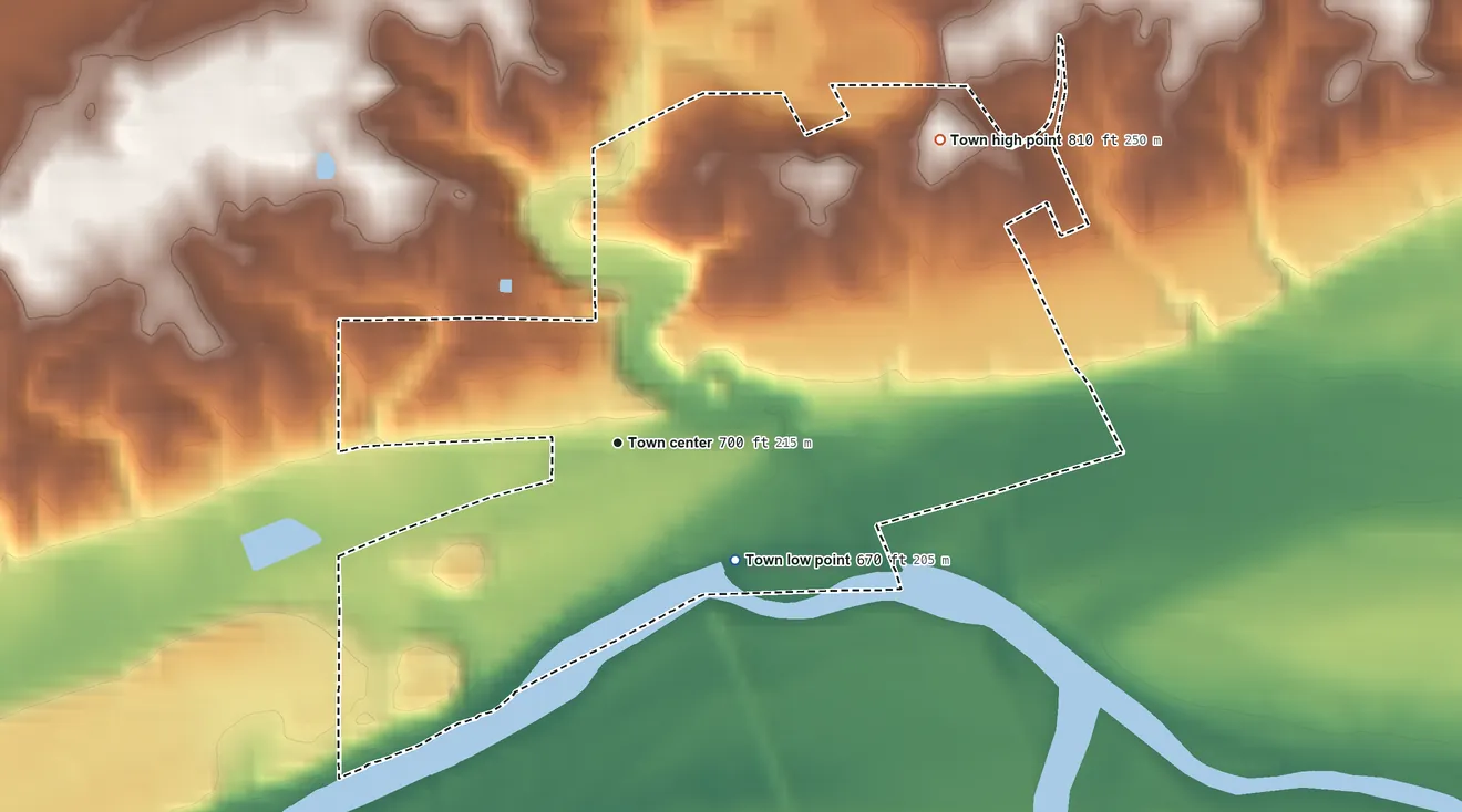 Topographic elevation map of Lagro, Indiana, shaded from 670 ft on the southeast side to 810 ft on the northeast side