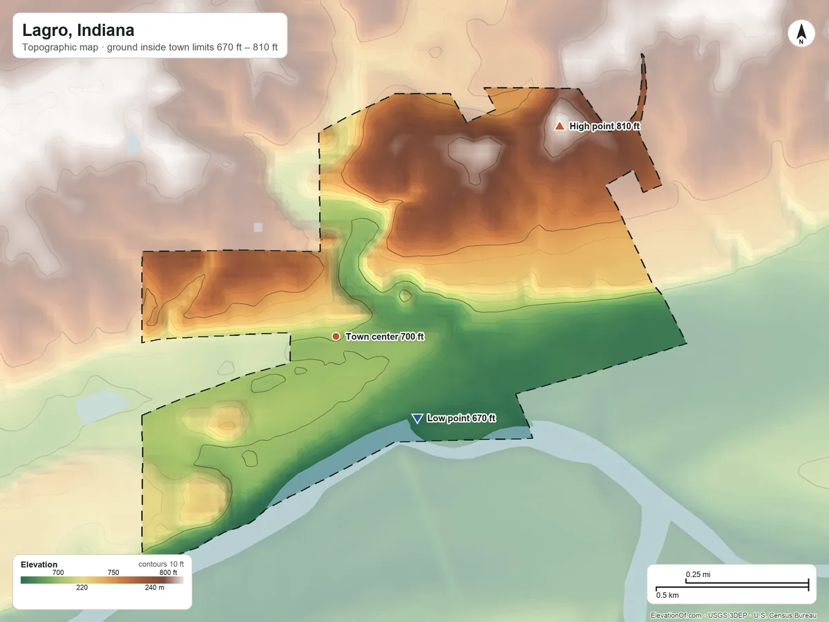 Topographic elevation map of Lagro, Indiana, shaded from 670 ft on the southeast side to 810 ft on the northeast side