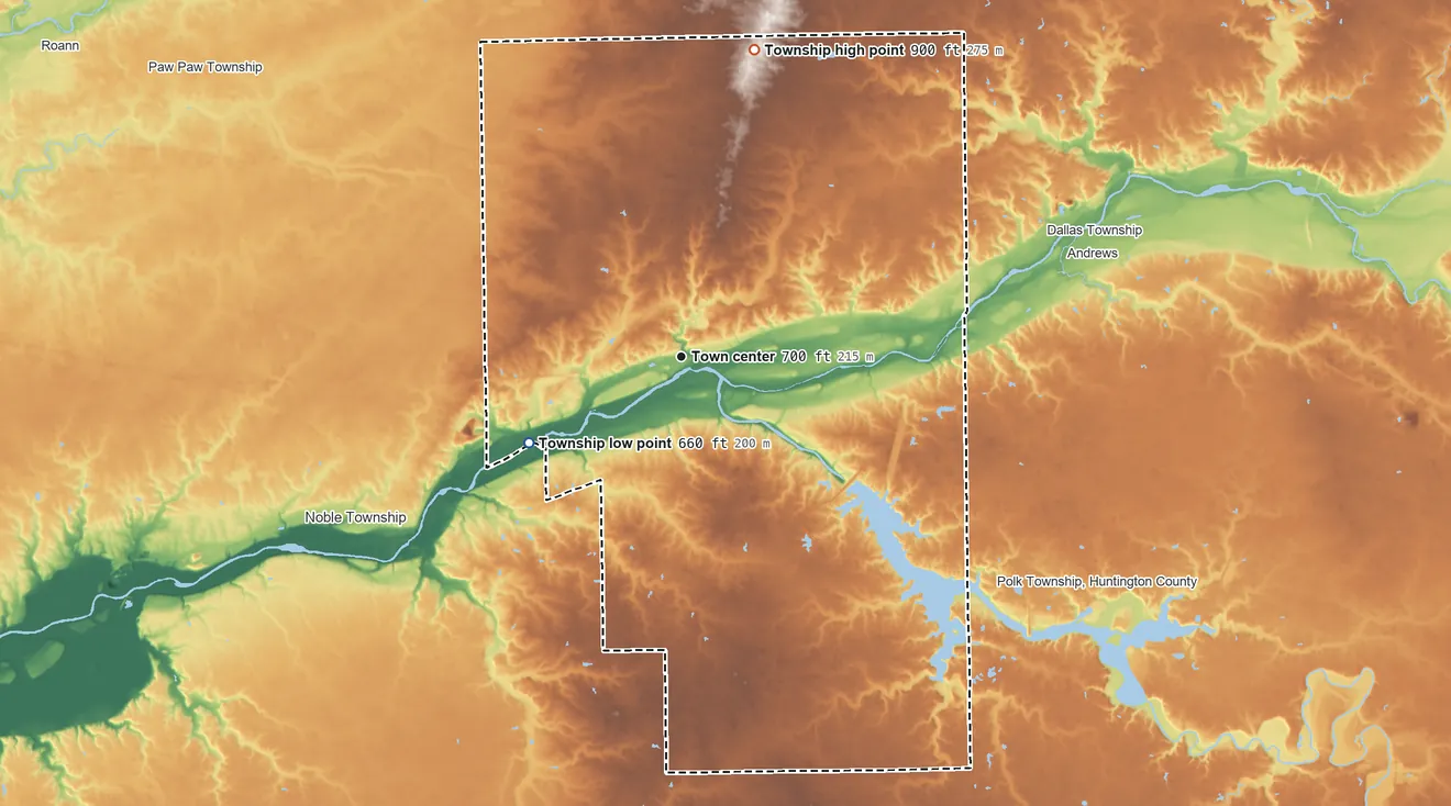 Topographic elevation map of Lagro Township, Indiana, shaded from 660 ft on the southwest side to 900 ft on the north side