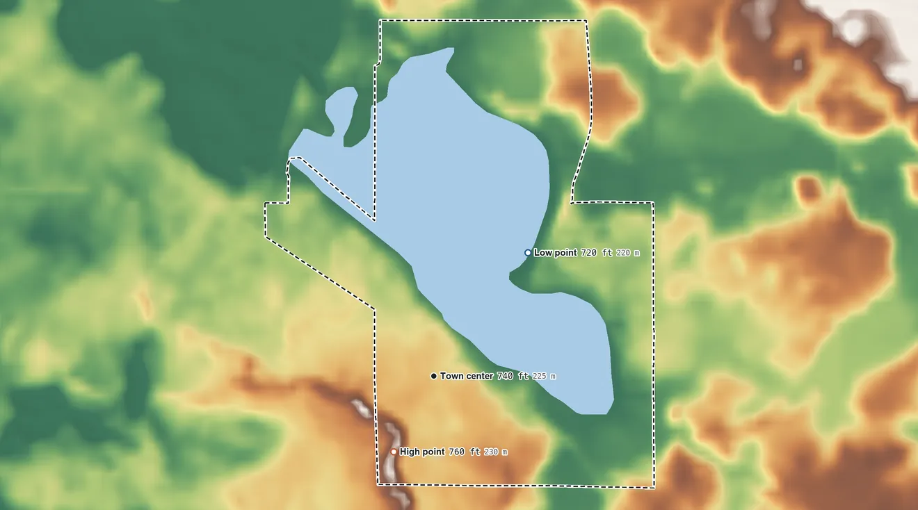 Topographic elevation map of Lake Bruce, Indiana, shaded from 720 ft on the northeast side to 760 ft on the southwest side