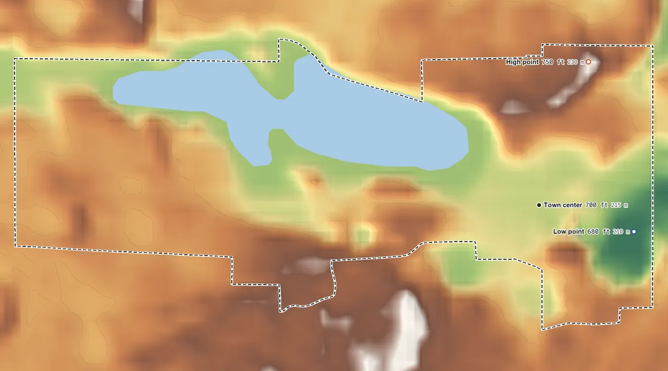 Topographic elevation map of Lake Cicott, Indiana, shaded from 680 ft on the east side to 750 ft on the north side