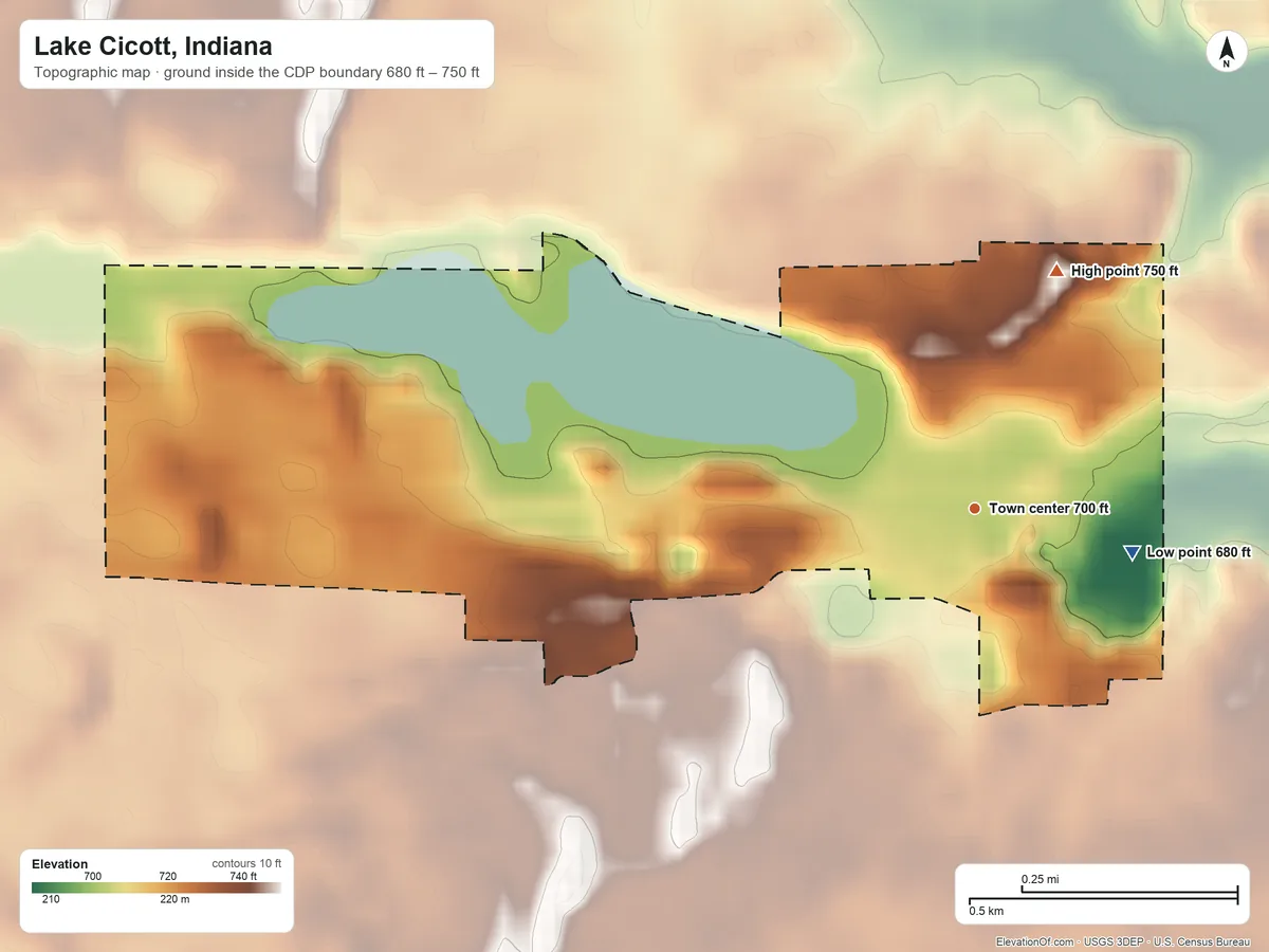 Topographic elevation map of Lake Cicott, Indiana, shaded from 680 ft on the east side to 750 ft on the north side