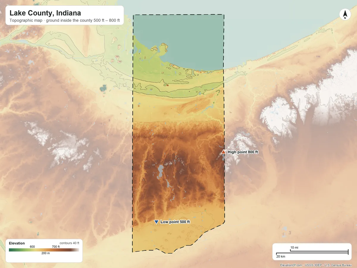Topographic elevation map of Lake County, Indiana, shaded from 500 ft on the south side to 800 ft on the east side