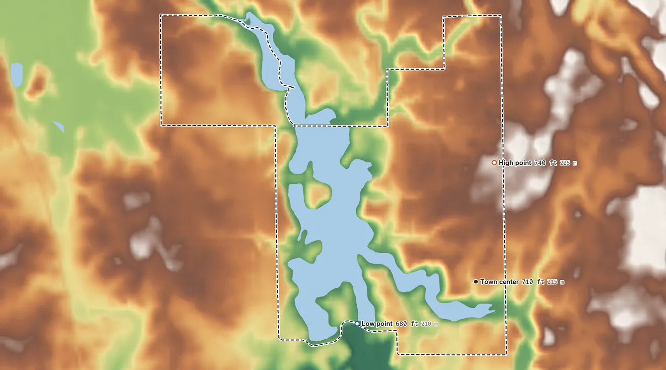 Topographic elevation map of Lake Dalecarlia, Indiana, shaded from 680 ft on the west side to 740 ft on the north side