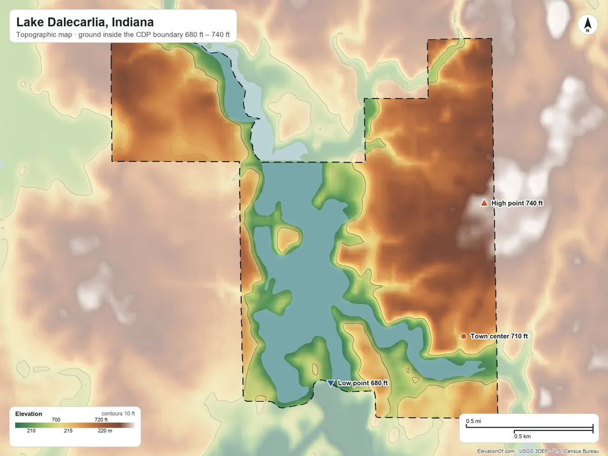 Topographic elevation map of Lake Dalecarlia, Indiana, shaded from 680 ft on the west side to 740 ft on the north side