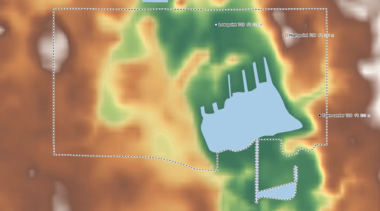 Topographic elevation map of Lake Eliza, Indiana, shaded from 740 ft on the northwest side to 790 ft on the north side