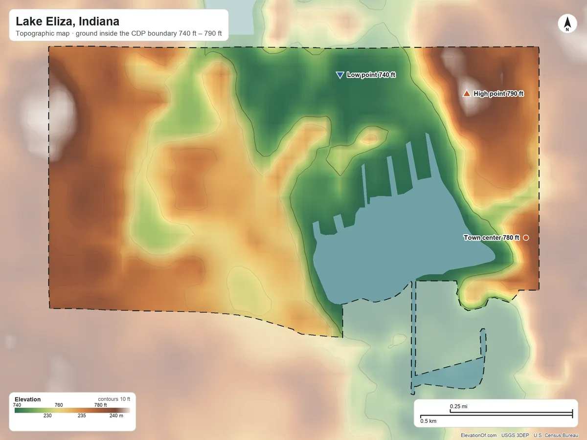 Topographic elevation map of Lake Eliza, Indiana, shaded from 740 ft on the northwest side to 790 ft on the north side