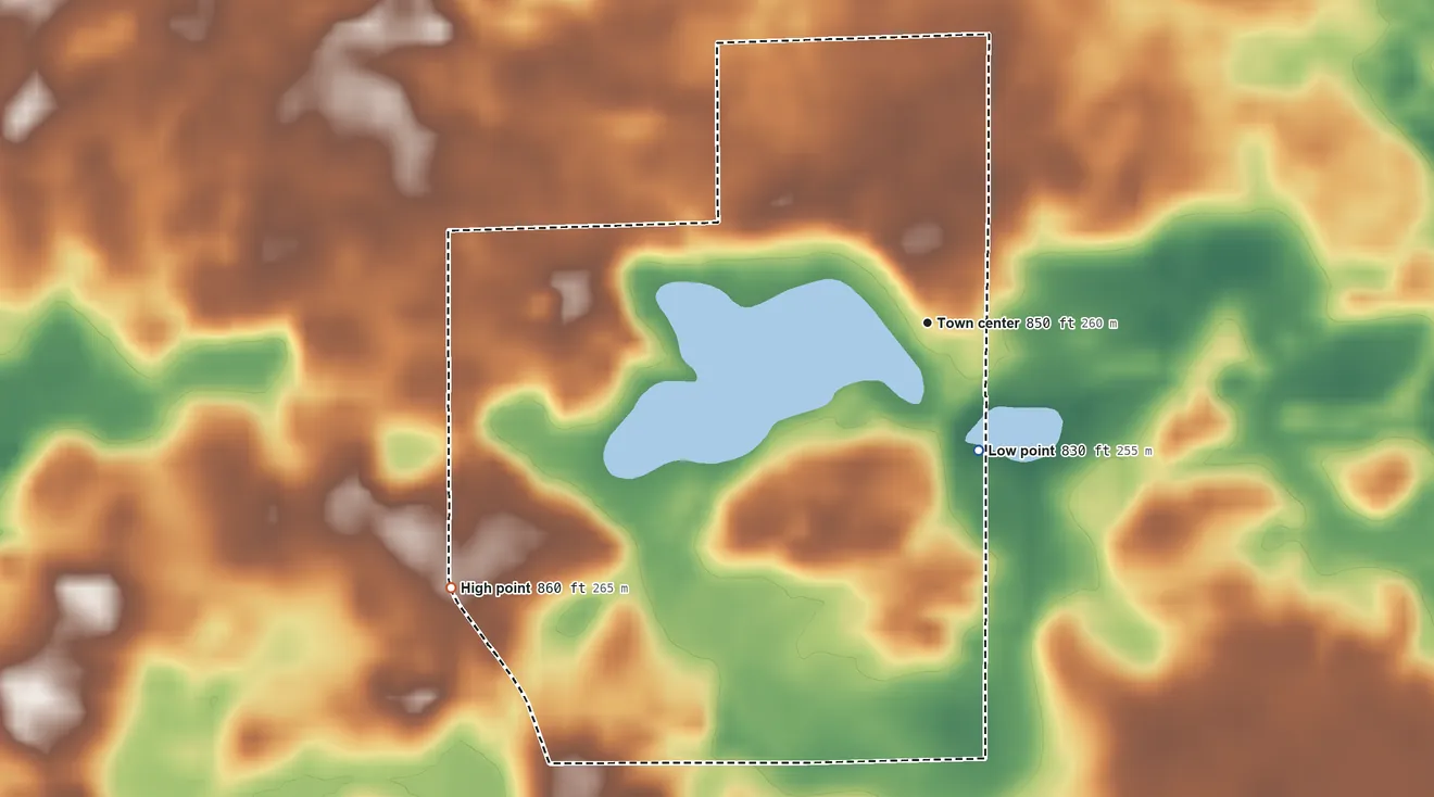 Topographic elevation map of Lake Everett, Indiana, shaded from 830 ft on the south side to 860 ft on the southwest side
