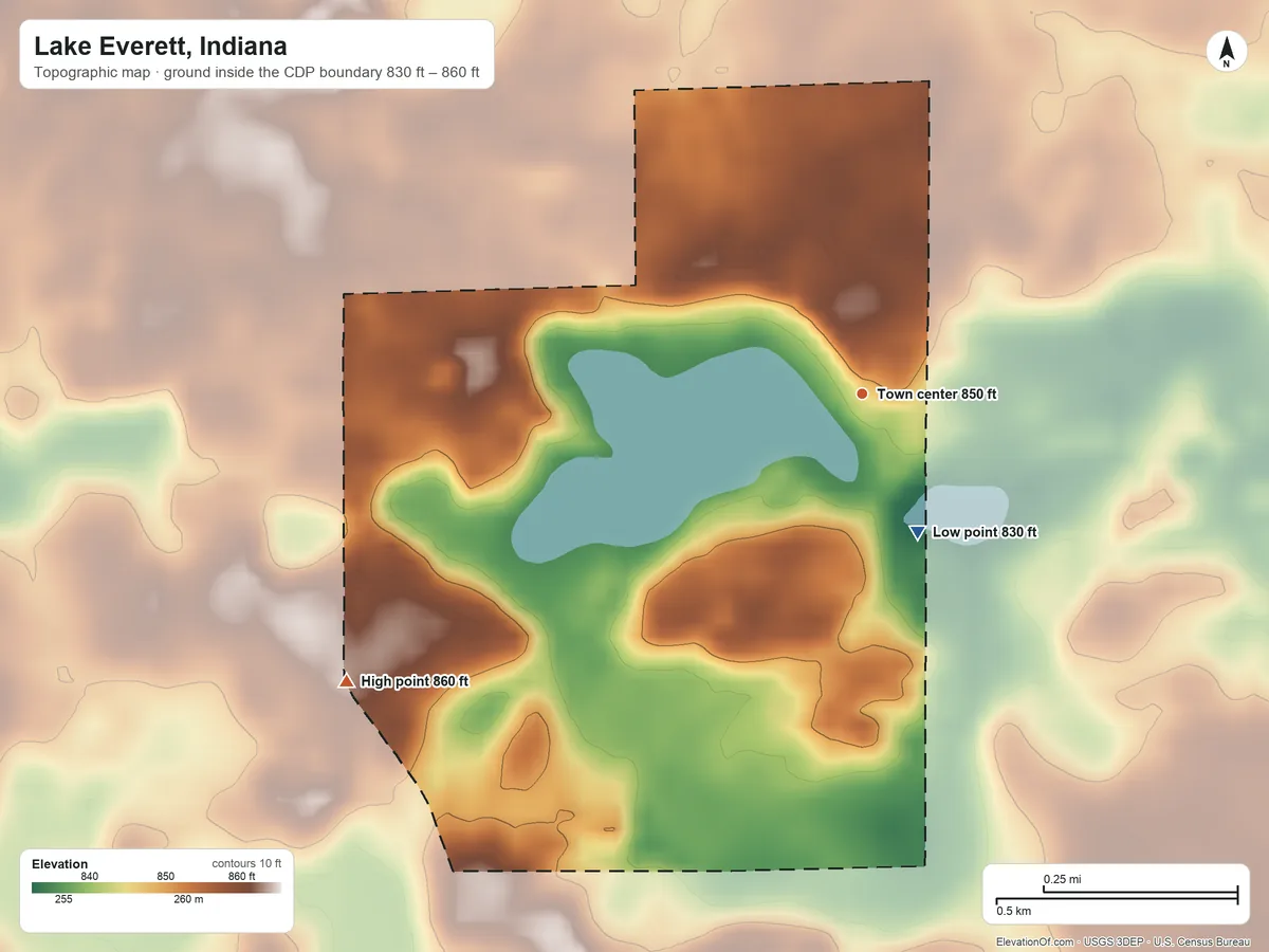 Topographic elevation map of Lake Everett, Indiana, shaded from 830 ft on the south side to 860 ft on the southwest side