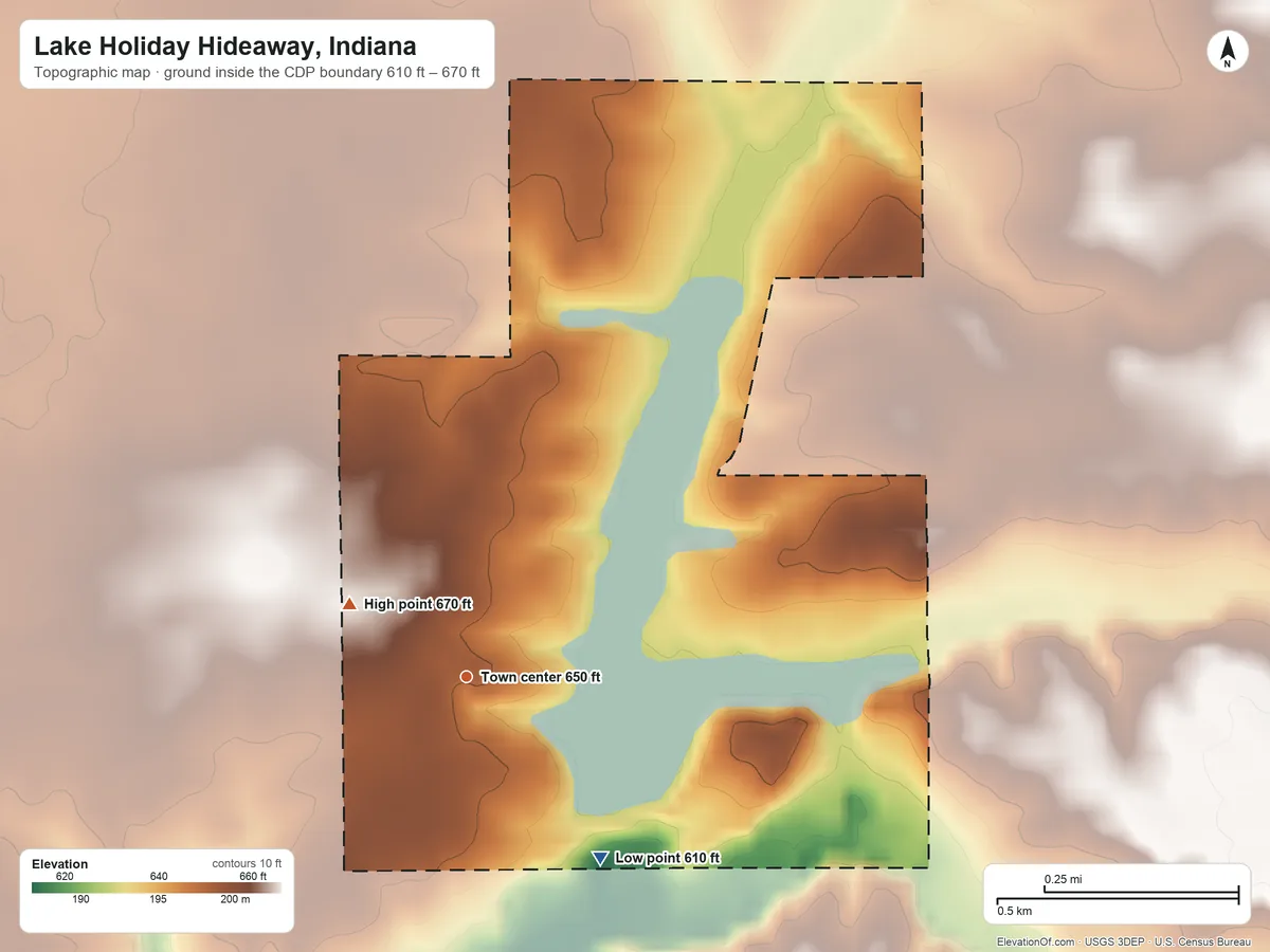 Topographic elevation map of Lake Holiday Hideaway, Indiana, shaded from 610 ft on the southeast side to 670 ft on the northwest side