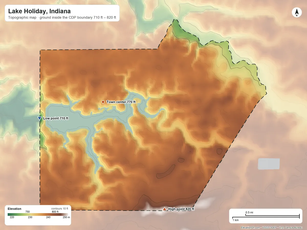 Topographic elevation map of Lake Holiday, Indiana, shaded from 710 ft on the west side to 820 ft on the southeast side