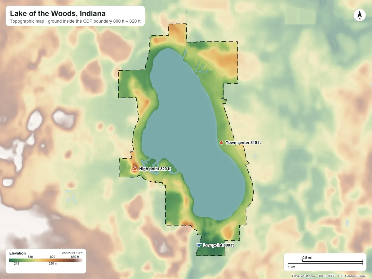 Topographic elevation map of Lake of the Woods, Indiana, shaded from 800 ft on the south side to 820 ft on the west side