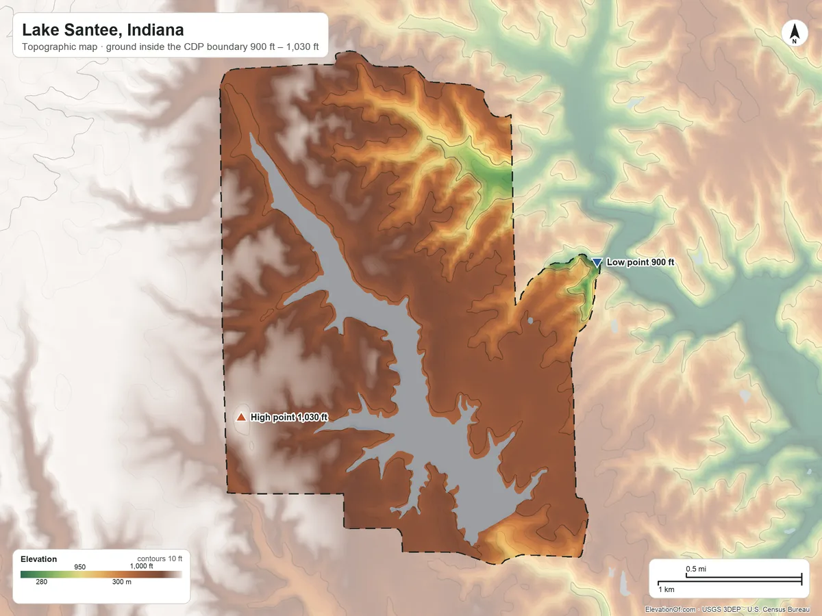 Topographic elevation map of Lake Santee, Indiana, shaded from 900 ft on the east side to 1,030 ft on the southwest side