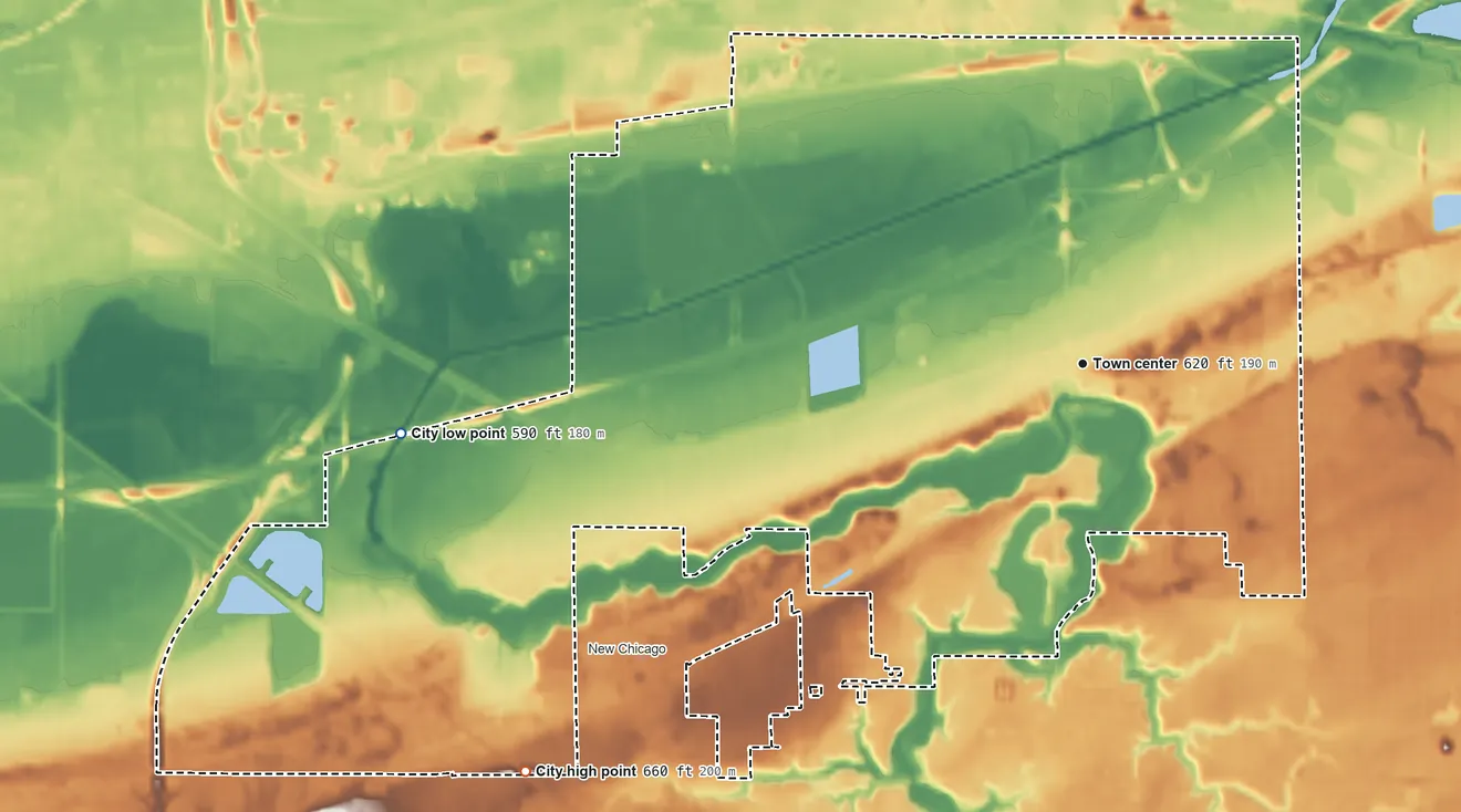 Topographic elevation map of Lake Station, Indiana, shaded from 590 ft on the west side to 660 ft on the southwest side
