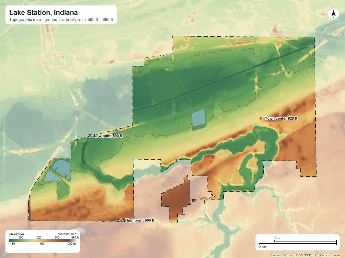 Topographic elevation map of Lake Station, Indiana, shaded from 590 ft on the west side to 660 ft on the southwest side