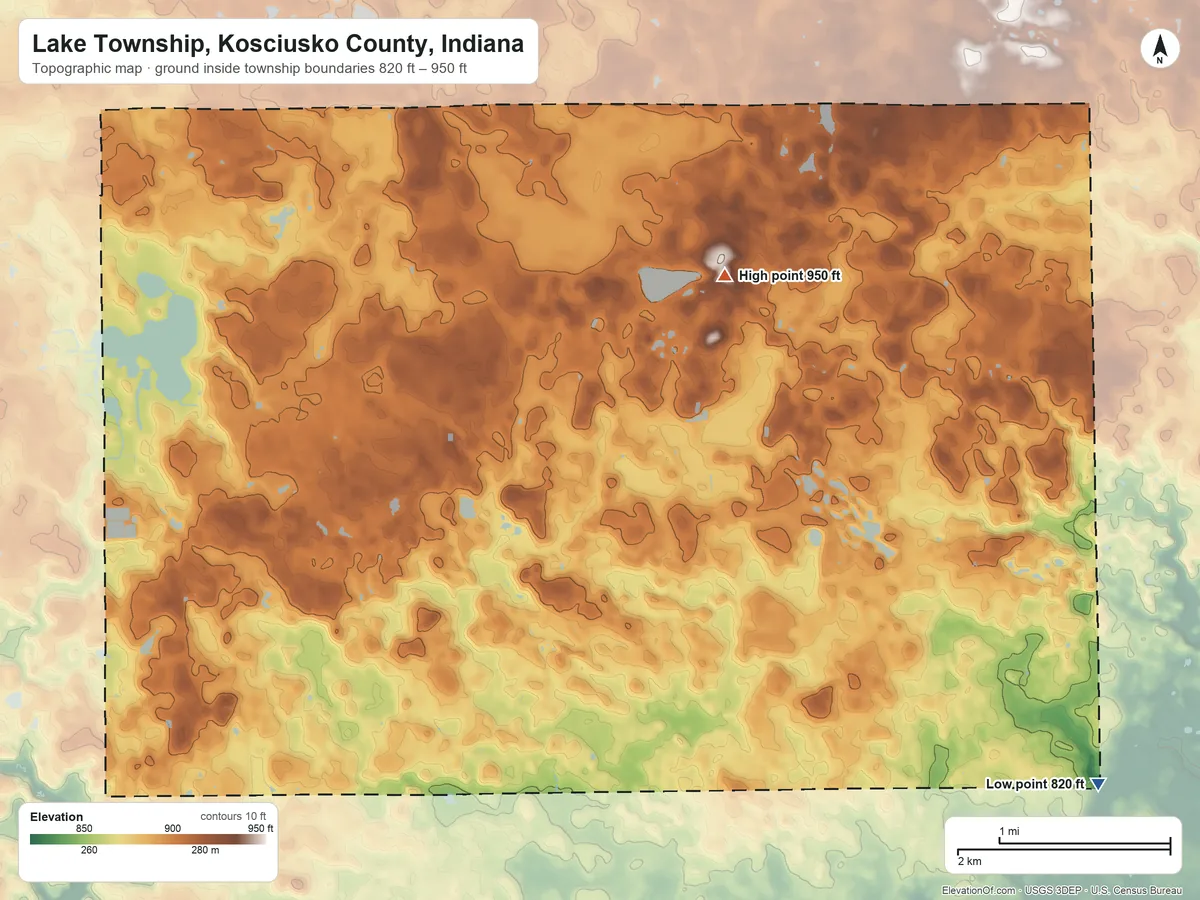 Topographic elevation map of Lake Township, Kosciusko County, Indiana, shaded from 820 ft on the southeast side to 950 ft on the northeast side
