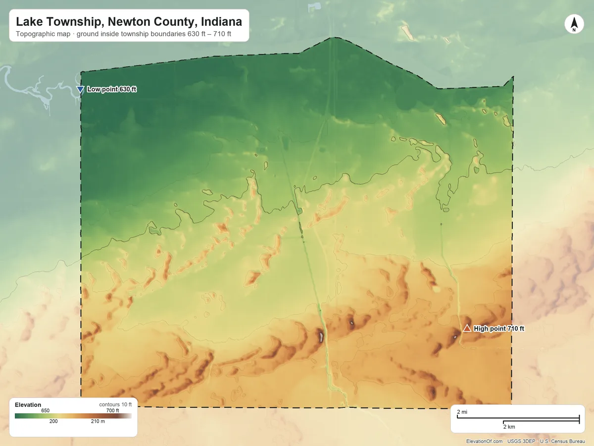Topographic elevation map of Lake Township, Newton County, Indiana, shaded from 630 ft on the northwest side to 710 ft on the southeast side