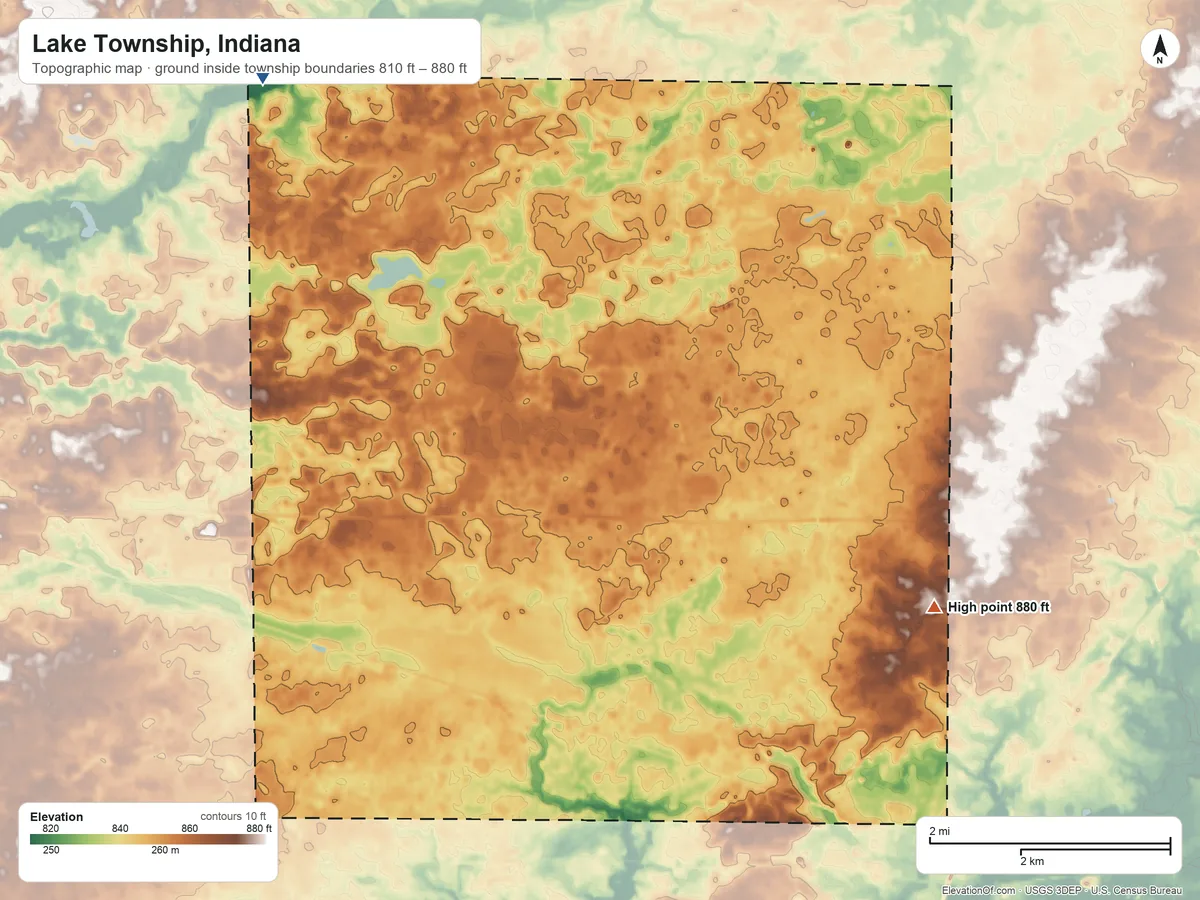 Topographic elevation map of Lake Township, Indiana, shaded from 810 ft on the northwest side to 880 ft on the east side