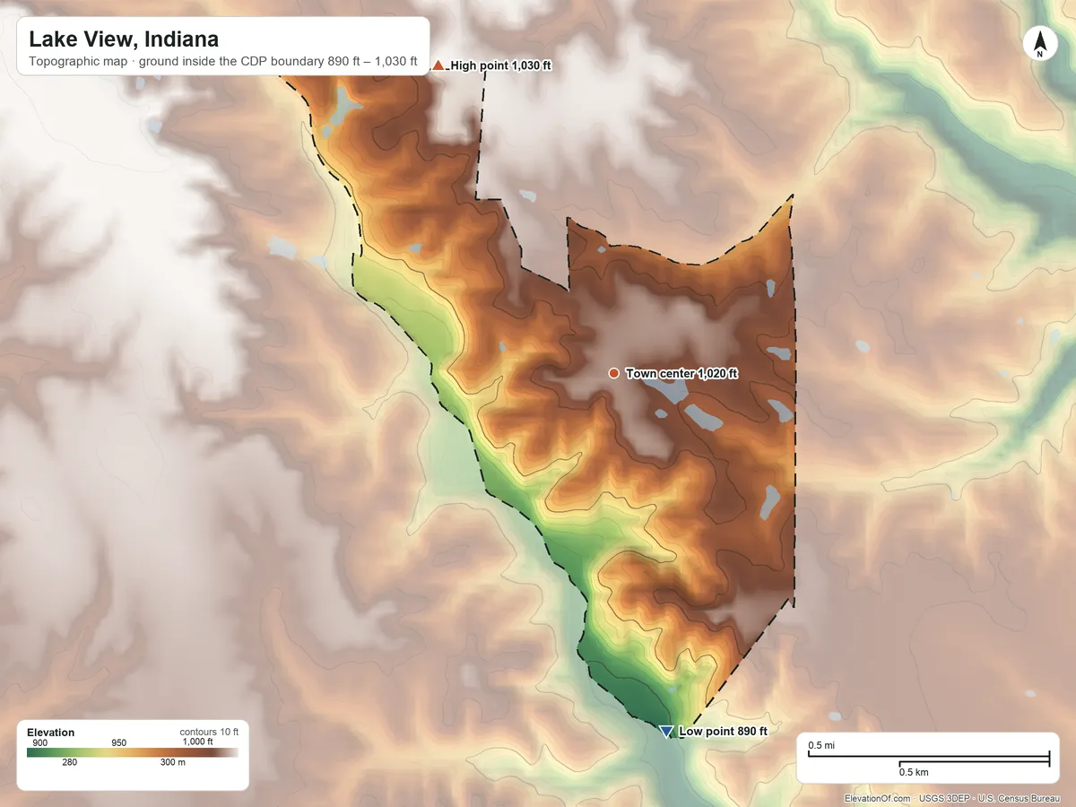 Topographic elevation map of Lake View, Indiana, shaded from 890 ft on the south side to 1,030 ft on the northwest side
