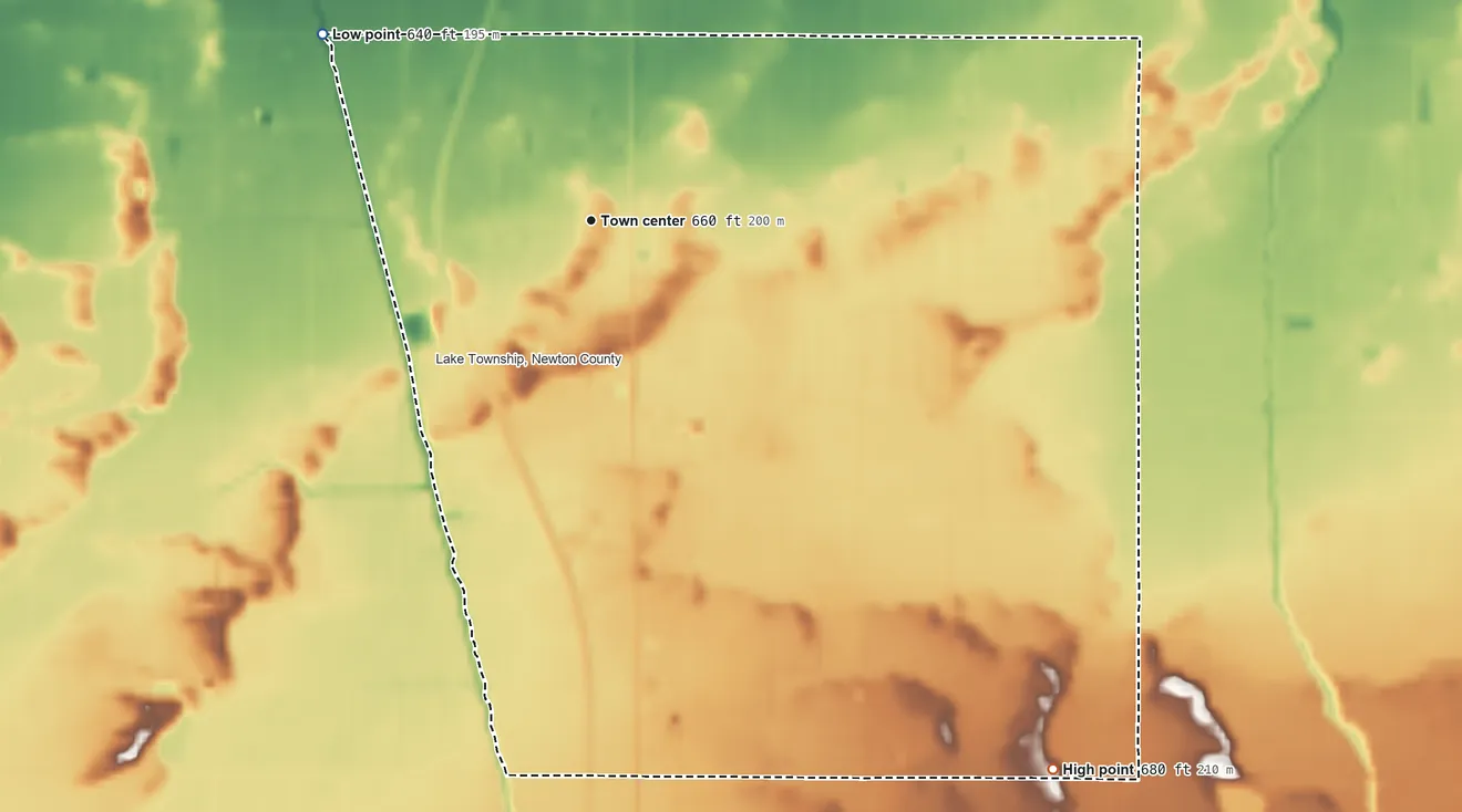 Topographic elevation map of Lake Village, Indiana, shaded from 640 ft on the northwest side to 680 ft on the southeast side