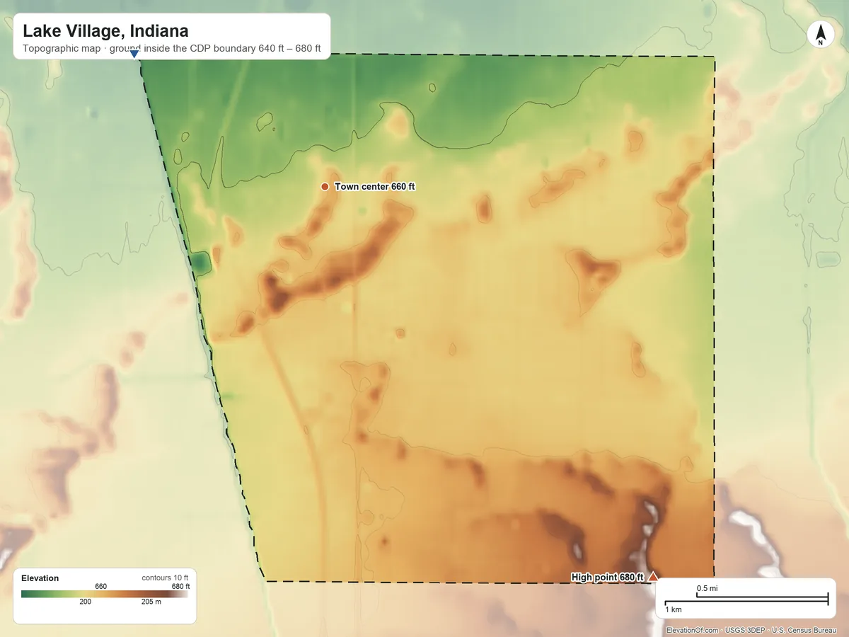 Topographic elevation map of Lake Village, Indiana, shaded from 640 ft on the northwest side to 680 ft on the southeast side
