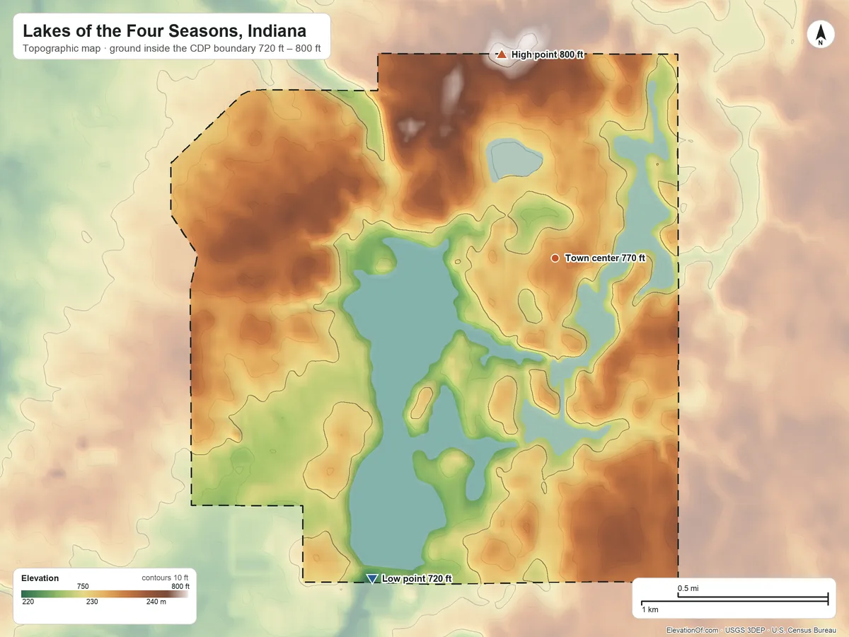 Topographic elevation map of Lakes of the Four Seasons, Indiana, shaded from 720 ft on the southwest side to 800 ft on the north side