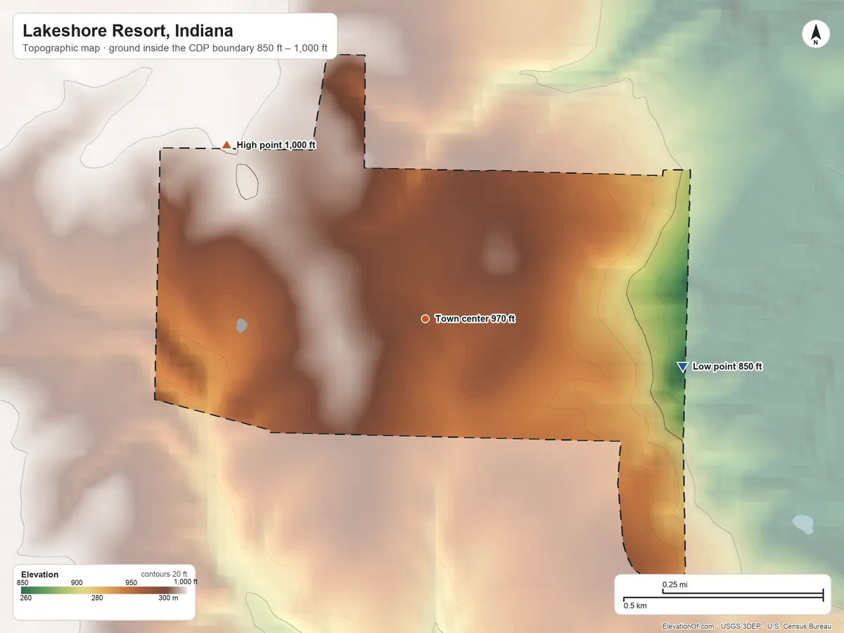 Topographic elevation map of Lakeshore Resort, Indiana, shaded from 850 ft on the east side to 1,000 ft on the northwest side