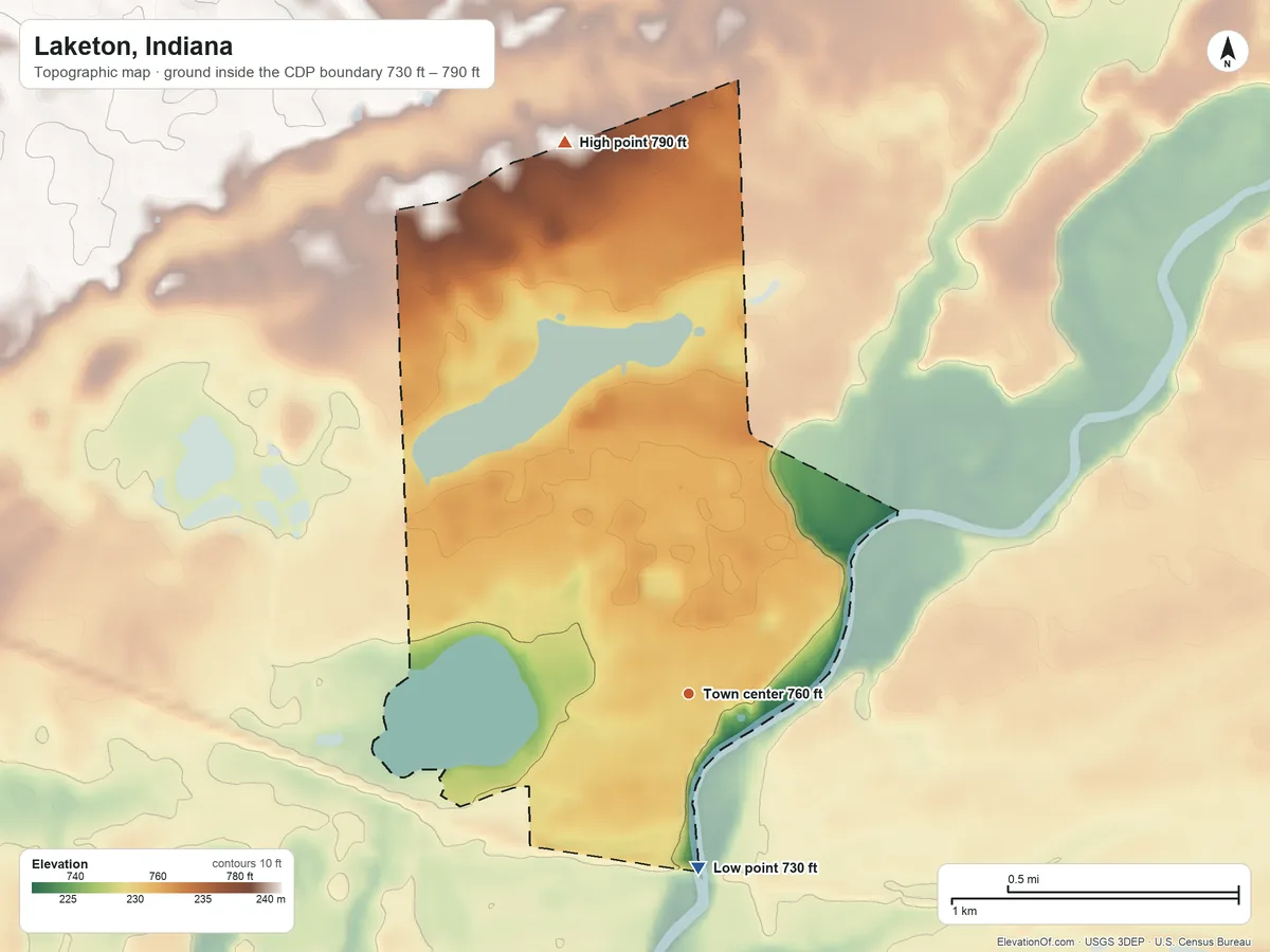 Topographic elevation map of Laketon, Indiana, shaded from 730 ft on the south side to 790 ft on the north side