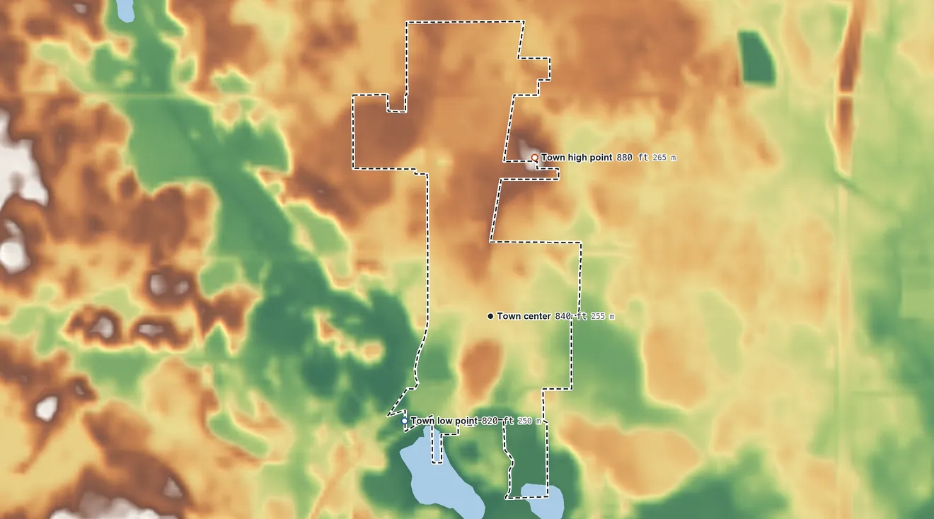 Topographic elevation map of Lakeville, Indiana, shaded from 820 ft on the southwest side to 880 ft on the north side