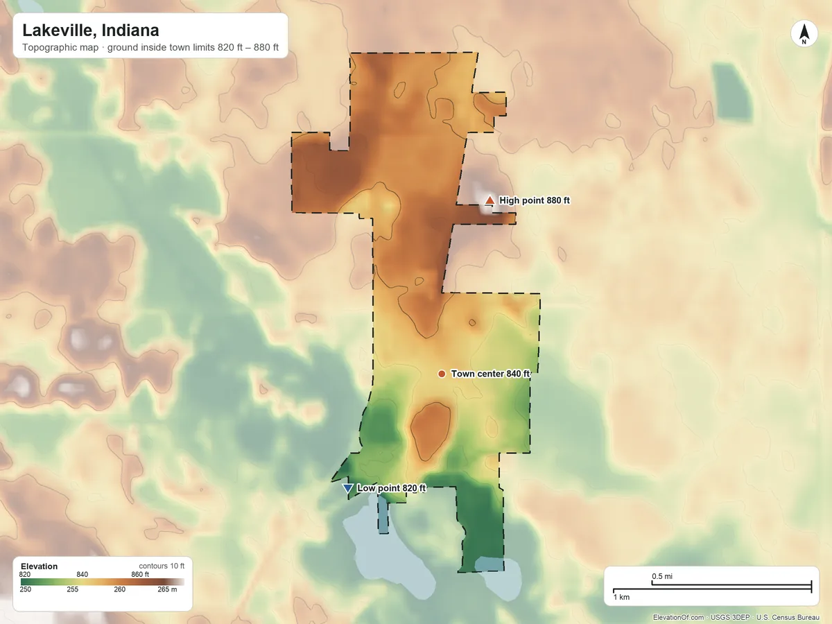 Topographic elevation map of Lakeville, Indiana, shaded from 820 ft on the southwest side to 880 ft on the north side