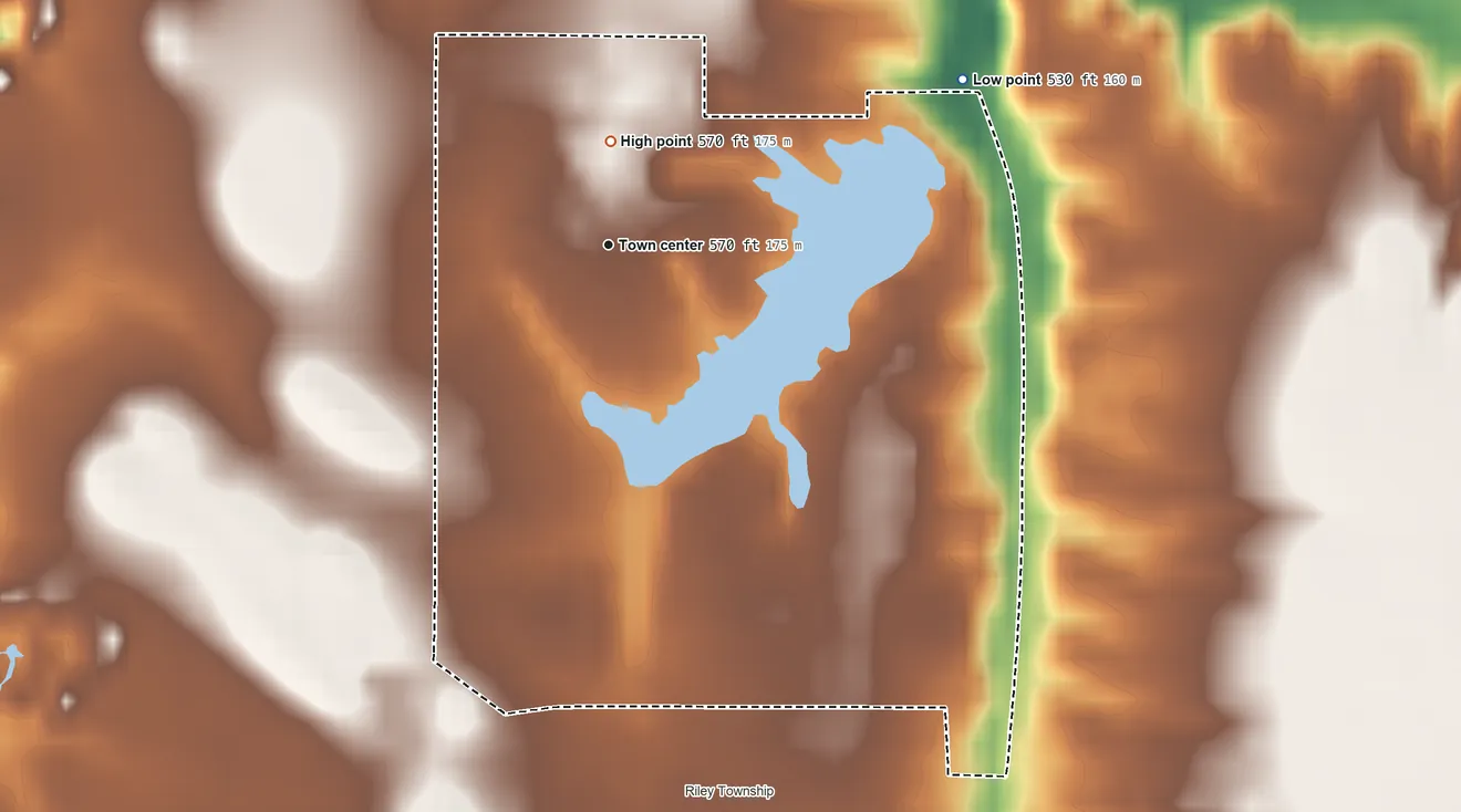 Topographic elevation map of Lakewood, Indiana, shaded from 530 ft on the northeast side to 570 ft on the north side