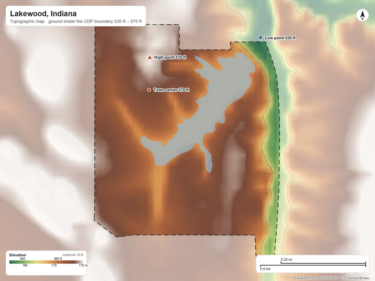 Topographic elevation map of Lakewood, Indiana, shaded from 530 ft on the northeast side to 570 ft on the north side