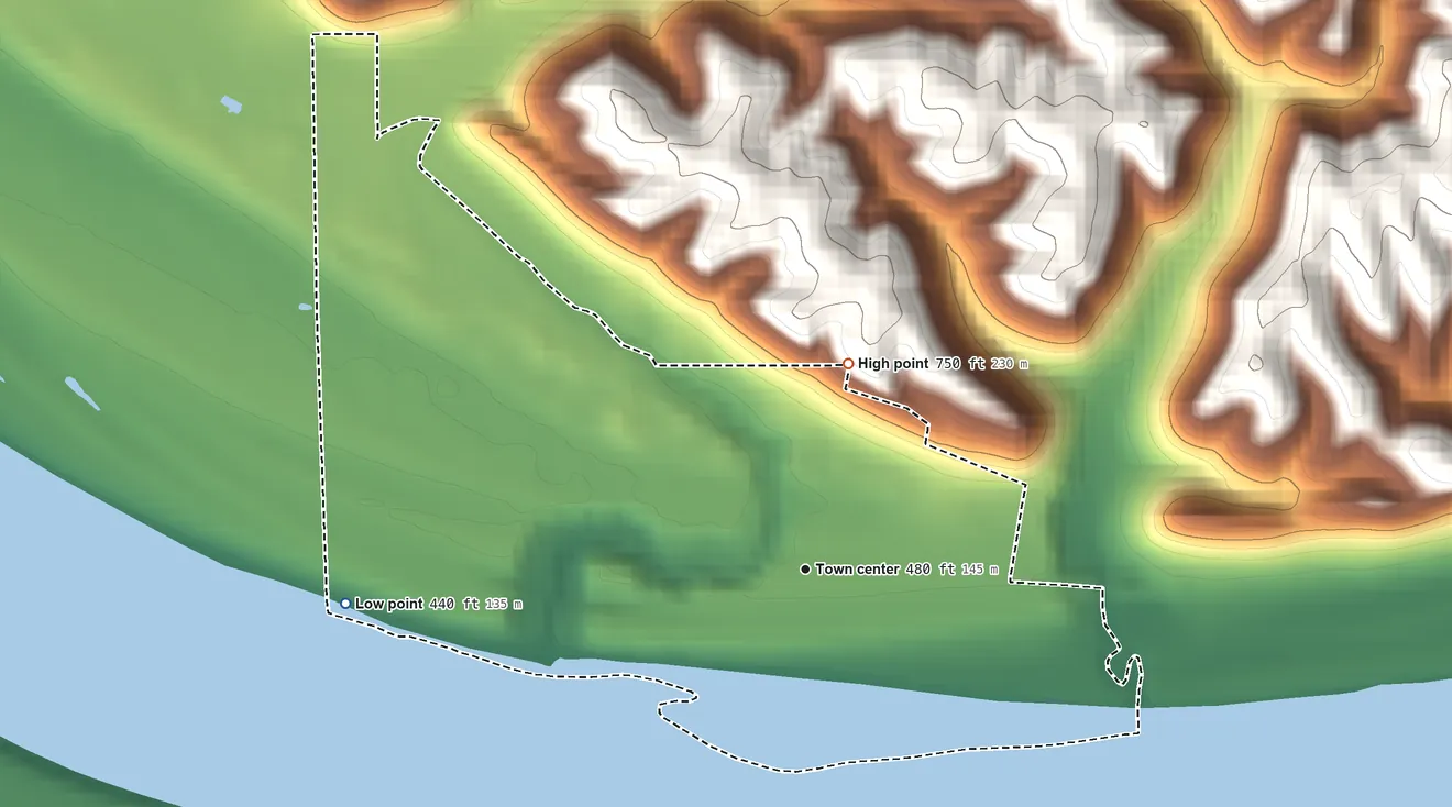 Topographic elevation map of Lamb, Indiana, shaded from 440 ft on the west side to 750 ft on the north side
