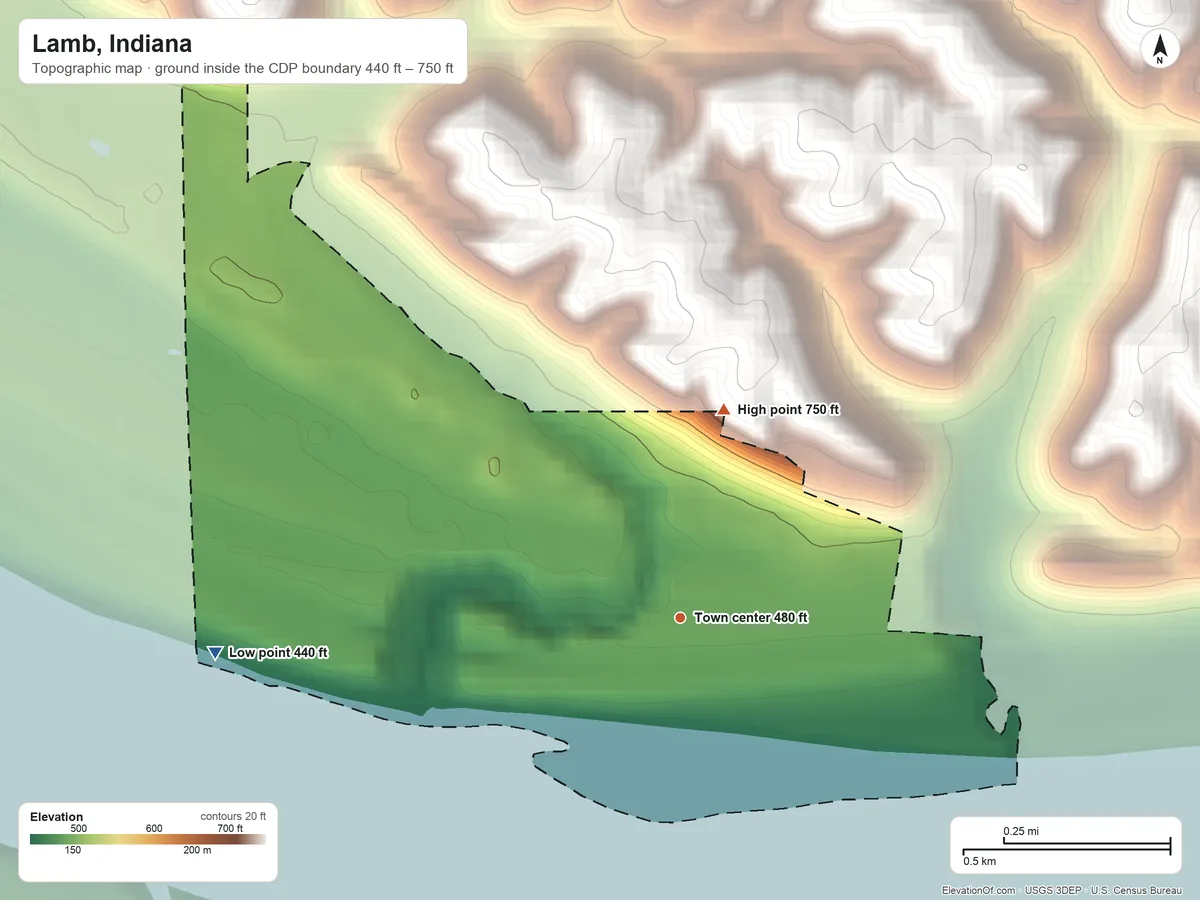 Topographic elevation map of Lamb, Indiana, shaded from 440 ft on the west side to 750 ft on the north side