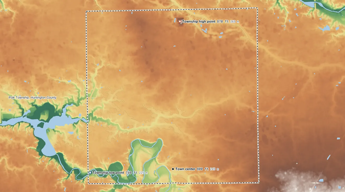 Topographic elevation map of Lancaster Township, Huntington County, Indiana, shaded from 740 ft on the west side to 870 ft on the north side