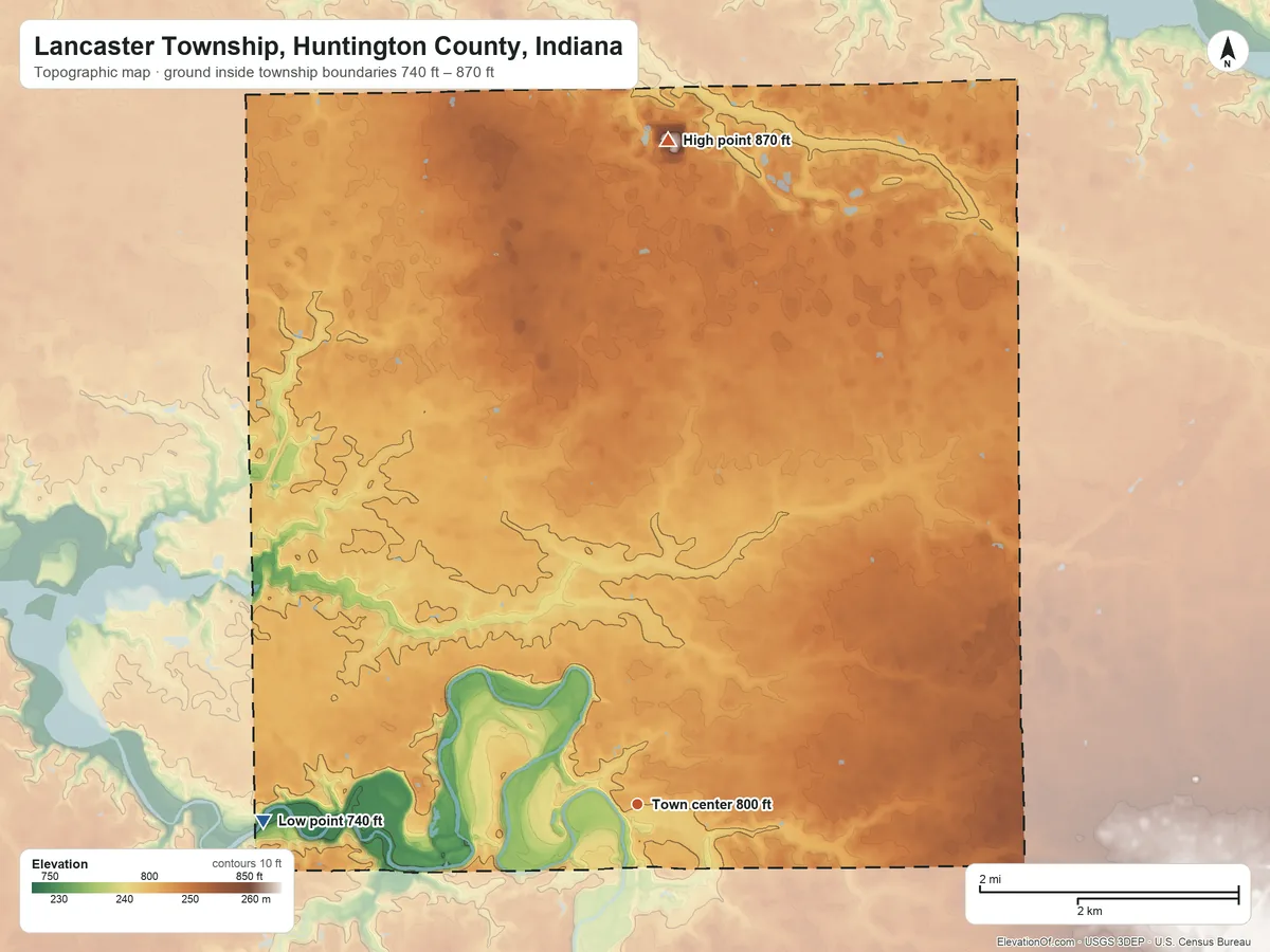 Topographic elevation map of Lancaster Township, Huntington County, Indiana, shaded from 740 ft on the west side to 870 ft on the north side